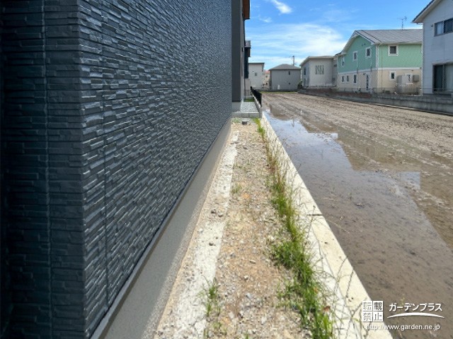 土のままで雑草が生えた犬走り