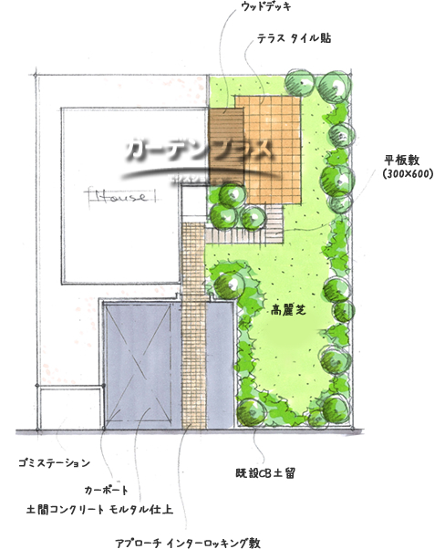 スケッチ「広いお庭を生かしたオープン外構」02