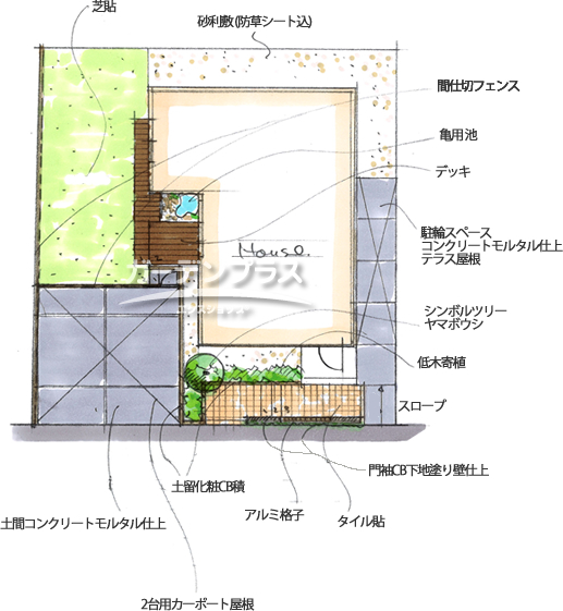 スケッチ「歩くのが楽しみになるアプローチのあるお庭」02