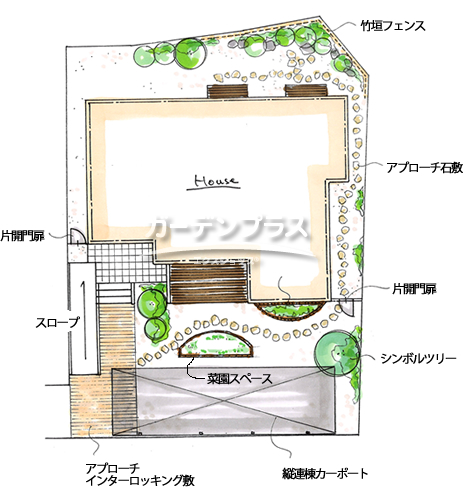 スケッチ「ゆるやかな曲線が描く、一体感のあるお庭」02