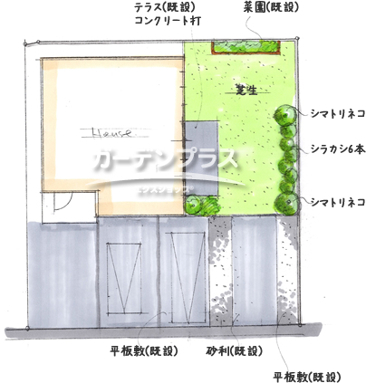 スケッチ「樹木で囲む、ナチュラル目隠しのお庭」02