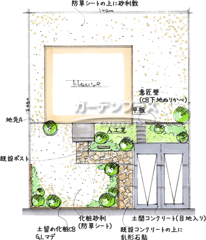 スケッチ「広い敷地をいかしたシンプルなオープン外構」02