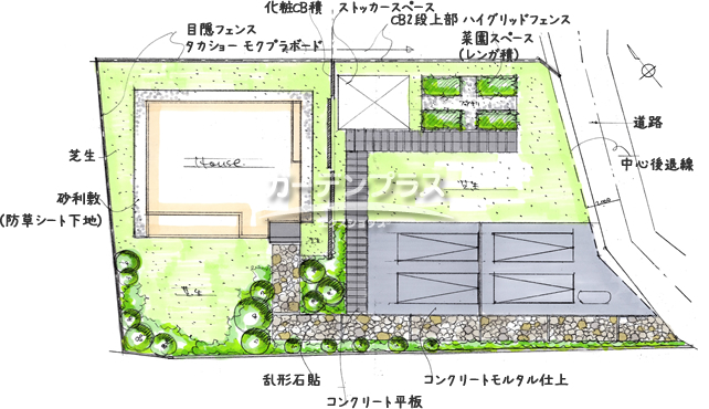 スケッチ「広い敷地を活かしたゆったり外構」02