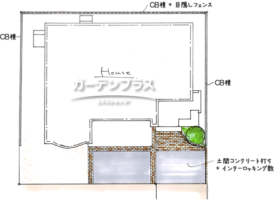 スケッチ「シンプルなオープン外構にはアクセントを」02