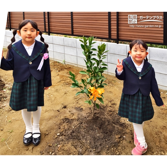 植樹した温州ミカンと記念撮影