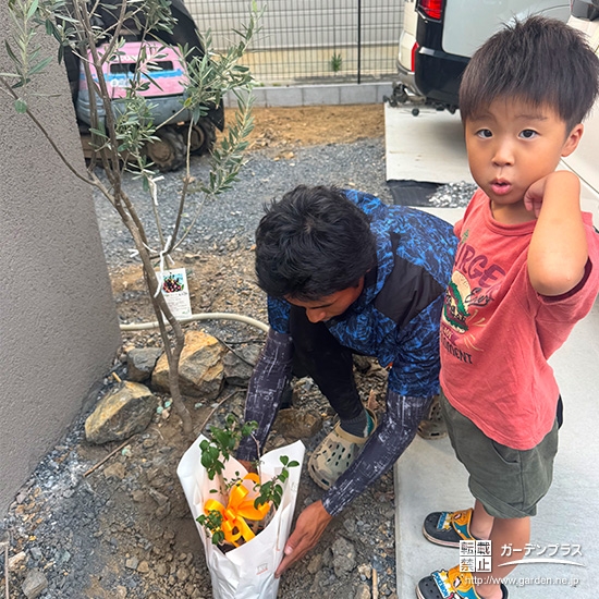 記念樹バイカウツギの植樹の様子