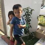 お兄ちゃんと妹の二人、ライラックを植え終えたところ