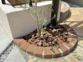 足元は植栽スペースに。アプローチステップと同じレンガを使いました。