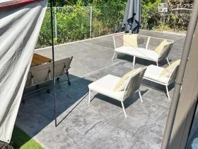 お庭でBBQやキャンプを楽しめるスタンプコンクリートテラス工事