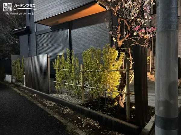 昼は緑のやさしさを、夜は植栽の陰影を楽しめる新築外構