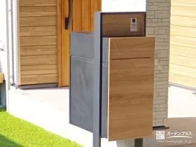 木目調がアクセントの機能門柱と宅配ボックス[施工後]