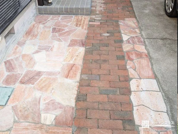 アプローチの芝生部分を乱形石張りへとリフォームした工事