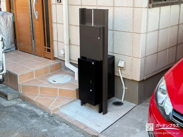 玄関前をすっきり整える宅配ボックス付き機能門柱の設置工事