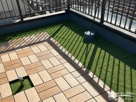 お庭に人工芝を敷設して整えテラス屋根で家事空間を設けた工事
