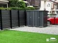 収納力とデザイン性を兼ね備えたシンプルな物置を設置した工事