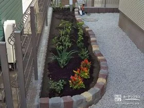 優しい曲線をお庭に描く3色の可愛いピンコロ花壇