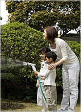[写真]庭木に水を遣る親子