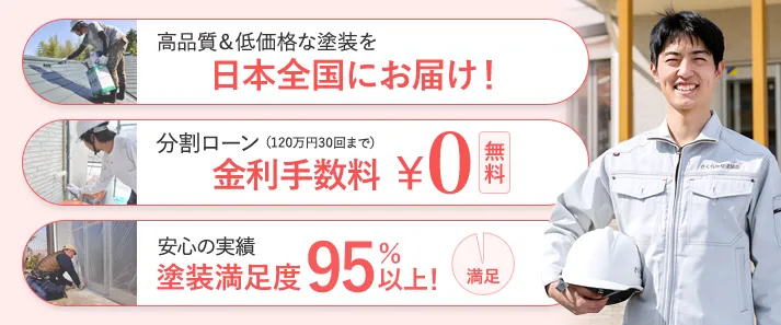 高品質＆低価格な塗装を全国にお届け！ ローン分割金利手数料無料（120万円60回まで） 安心の実績 満足度95％以上！