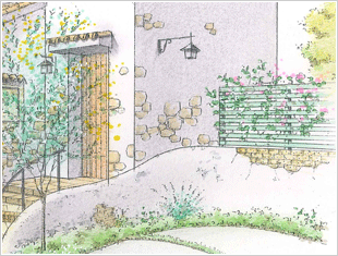 植物と調和した明るい玄関と庭のフェンス